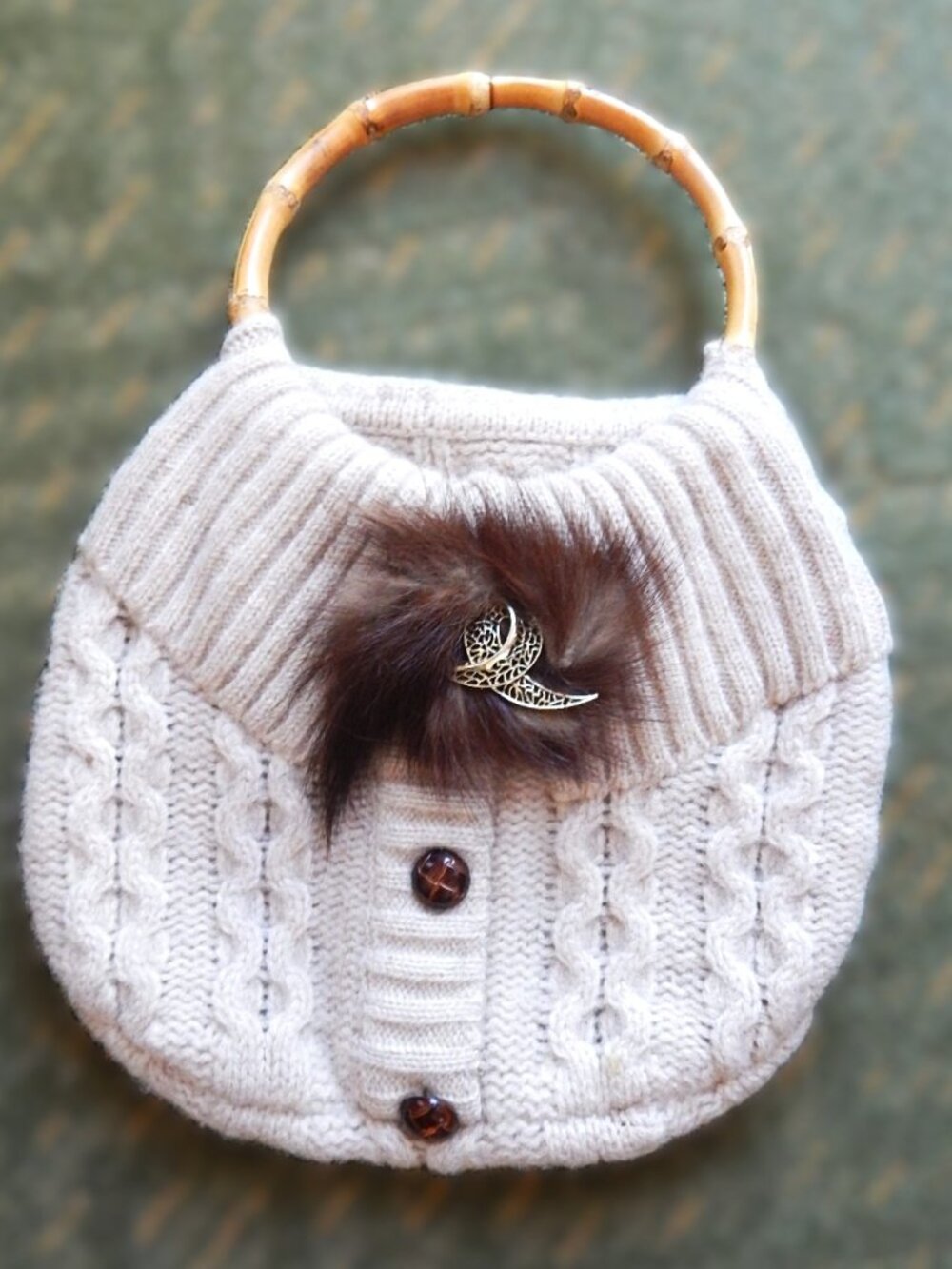 Cute Sweater Bag with Mink Accent & Vintage Pin